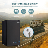 GECKO 95L 12V/24V Portable Upright Fridge With Chiller with power supply options for road trips, including portable generators, solar panels, and vehicle 12/24V.
