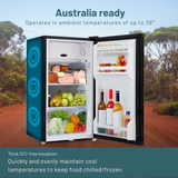 GECKO 95L 12V/24V Portable Upright Fridge With Chiller with open door showing food items in a natural setting