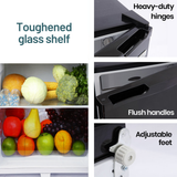 Collage of features including a toughened glass shelf, heavy-duty hinges, flush handles, and adjustable feet.