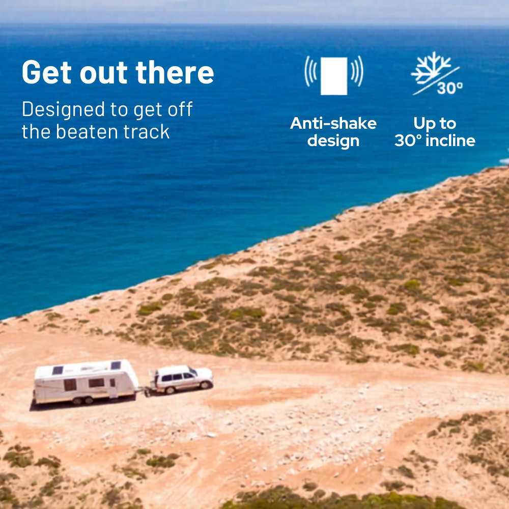 Two vehicles on a desert landscape with ocean view, promoting an anti-shake design and 30-degree incline capability.