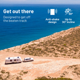 Two vehicles on a desert landscape with ocean view, promoting an anti-shake design and 30-degree incline capability.