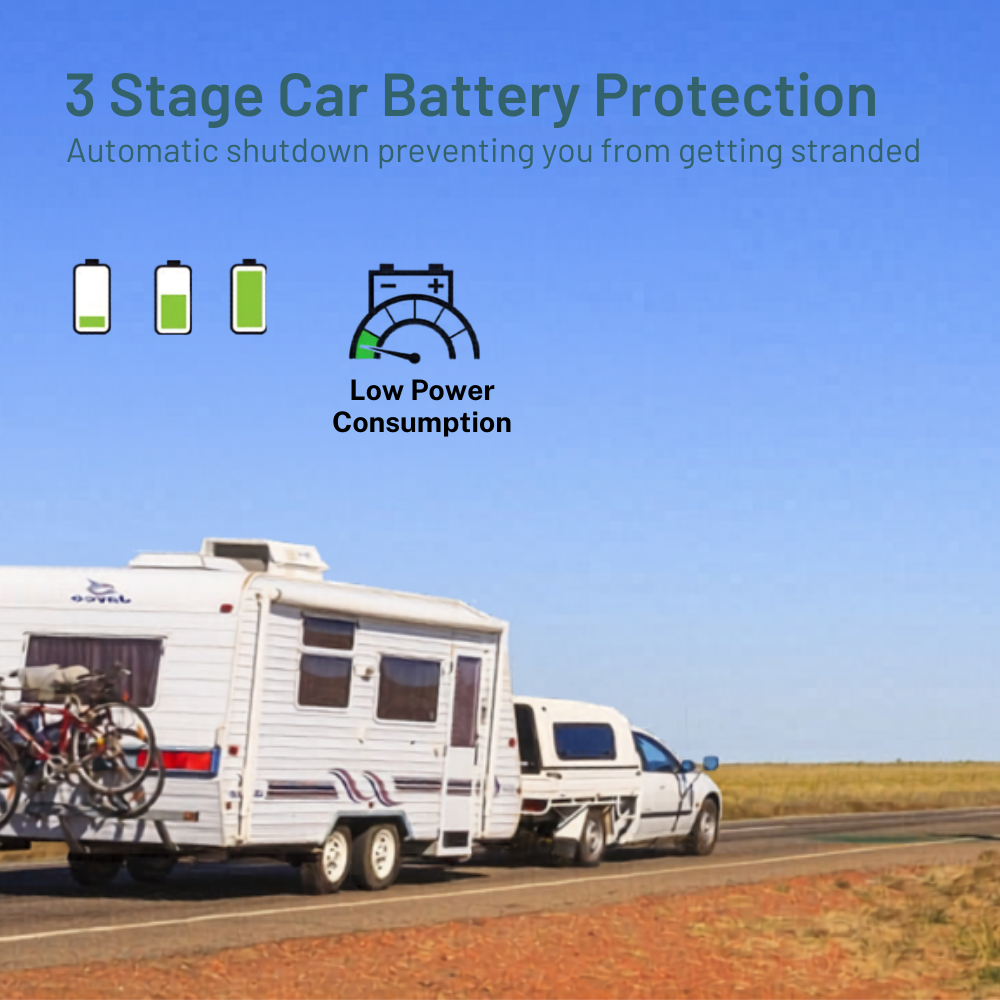Two vehicles on a road with text about 3-stage car battery protection and icons.