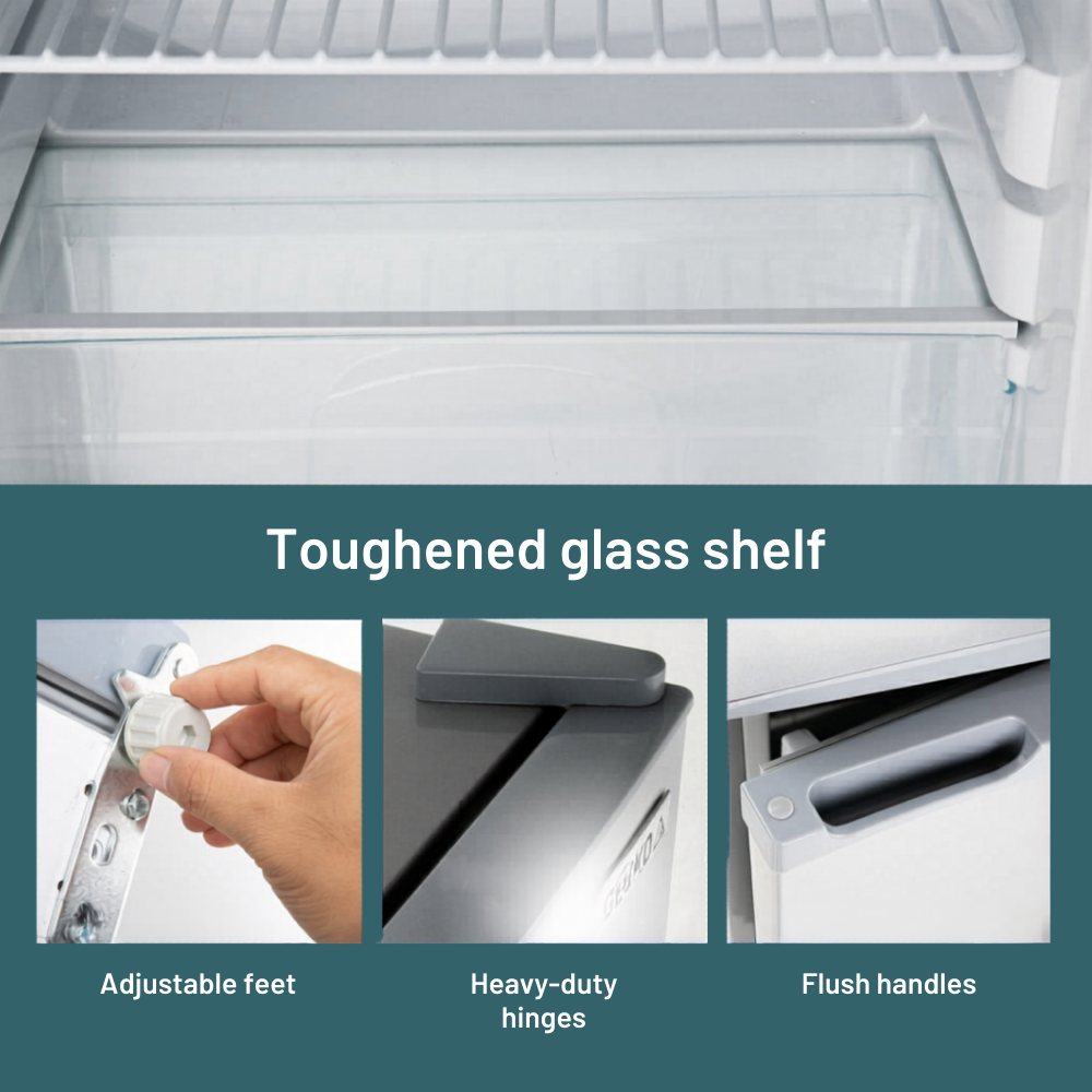 Toughened glass shelf with adjustable feet, heavy-duty hinges, and flush handles on a teal background.