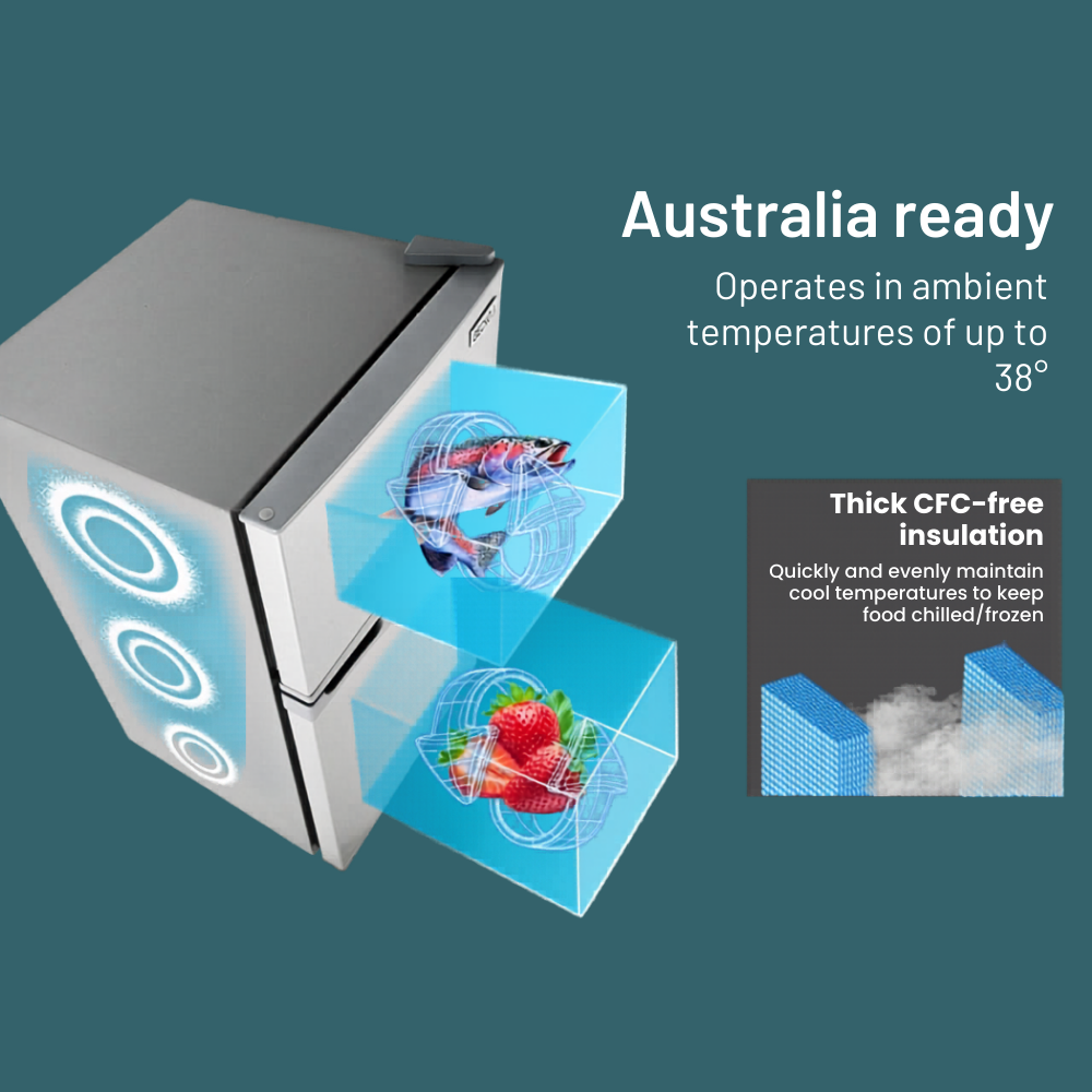 Portable refrigerator with food illustration and text about operating temperature and insulation.