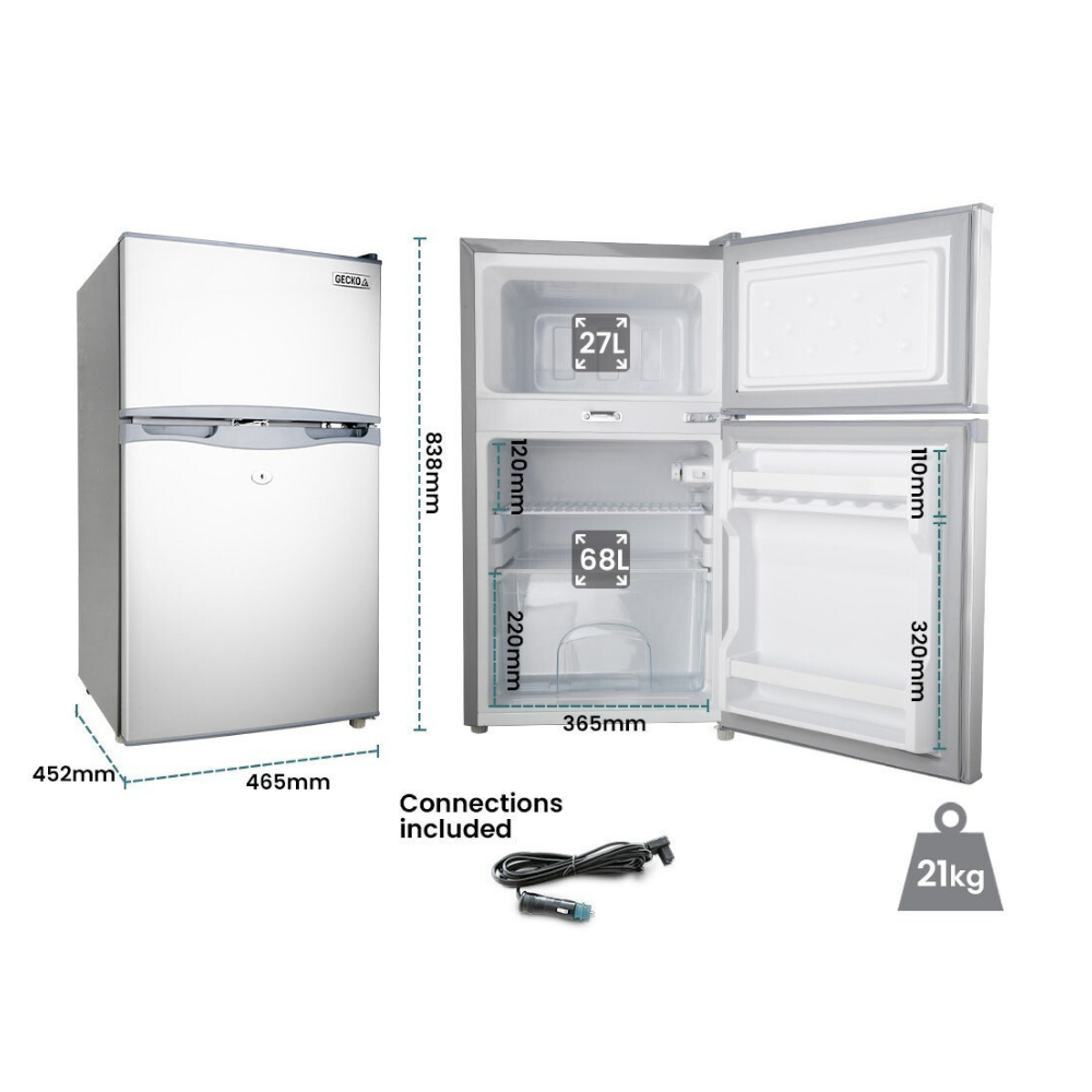GECKO 95L 12V/24V Portable Upright Fridge Freezer with dimensions, weight, and connection details on a white background