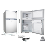 GECKO 95L 12V/24V Portable Upright Fridge Freezer with dimensions, weight, and connection details on a white background