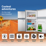 GECKO 95L 12V/24V Portable Upright Fridge Freezer on a road trip with features highlighted