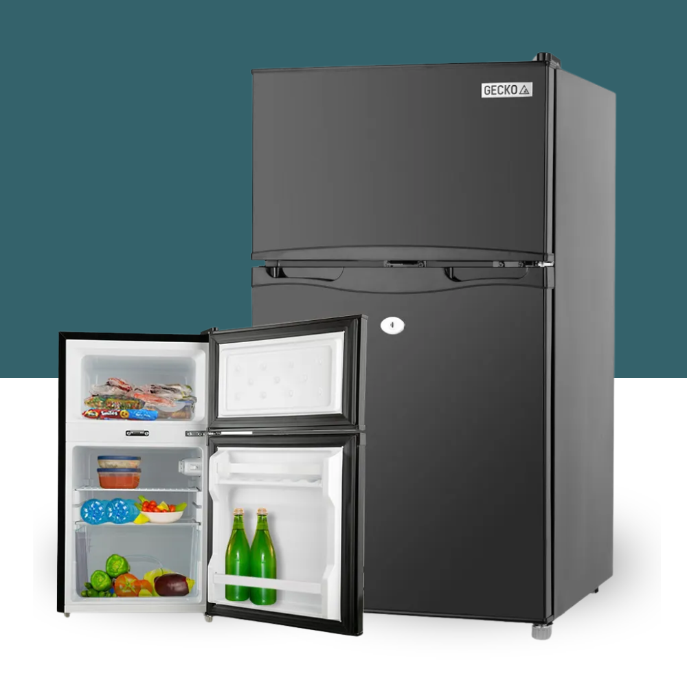 Black refrigerator with open door showing food items on a white background