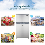 GECKO 95L 12V/24V Portable Upright Fridge Freezer with images of people enjoying food and drinks in different seasons on a blue sky background.