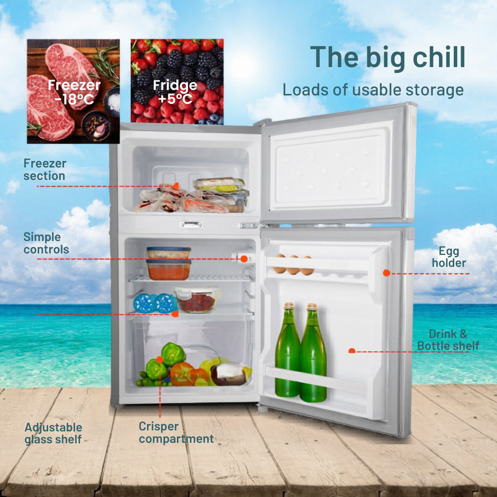 GECKO 95L 12V/24V Portable Upright Fridge Freezer with labeled sections on a wooden surface and blue sky background