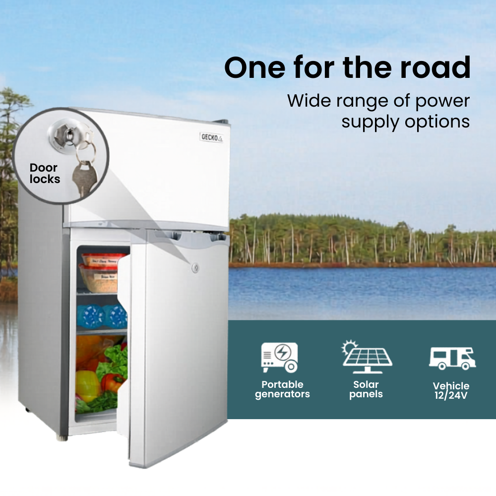 Portable refrigerator with power supply options on a scenic background