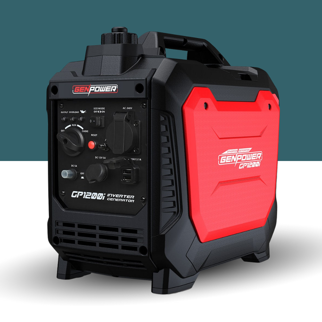 Black and red inverter generator with 'GENPOWER' branding on a white background