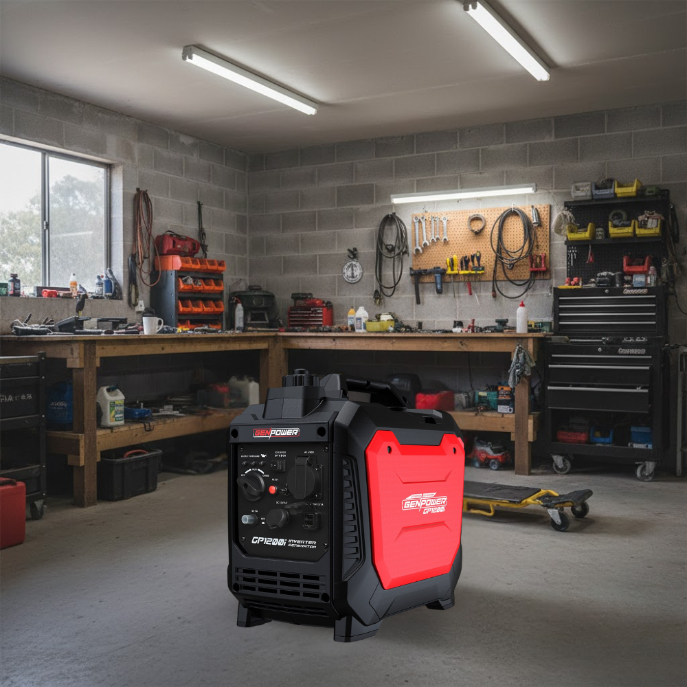 Power generator in a workshop setting with tools and equipment in the background