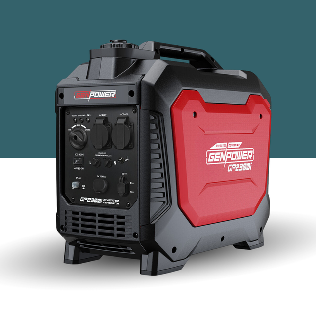 Portable generator with red and black design on a white background