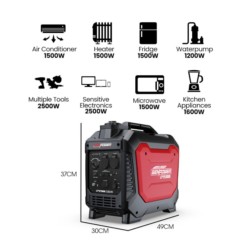 Portable power station with wattage icons and dimensions on a white background