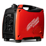 A side-angled view of the red GenPower inverter generator, highlighting its compact design and branding. The control panel and integrated handle for portability are visible.