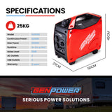 A specifications chart for the GenPower generator, detailing its weight, dimensions, and other technical specifications. The image includes a side profile of the generator with measurements.