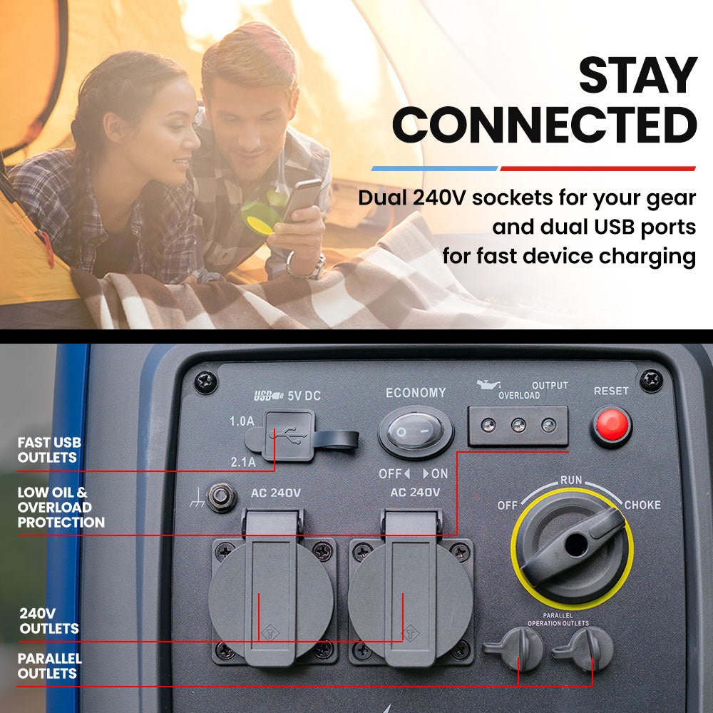 Demonstrating dual 240V sockets and USB ports for powering devices and charging gear efficiently, perfect for work or leisure.