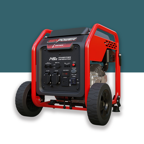 This is an image of a GenPower i455 inverter generator with a modern and robust design. The generator features a vibrant red frame and black body, showcasing its durability and mobility