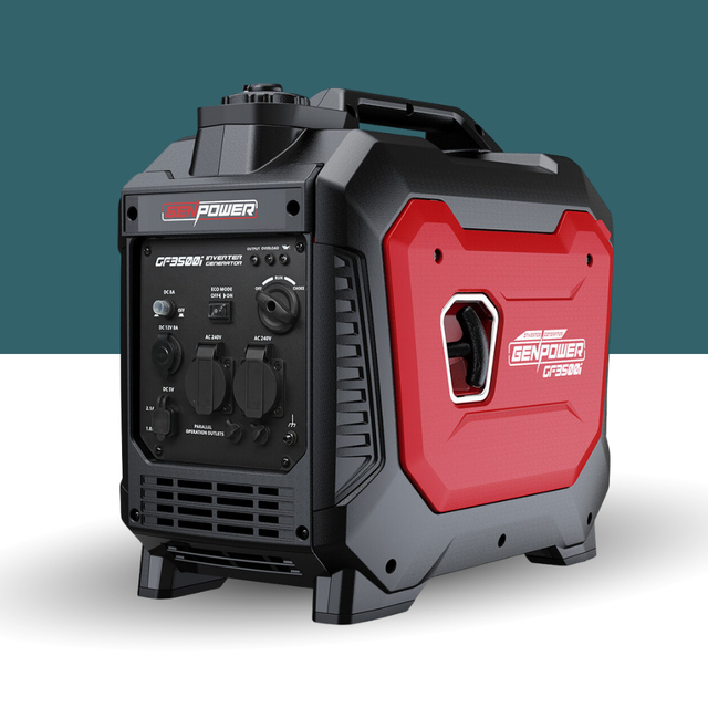 Black and red portable generator on a white background