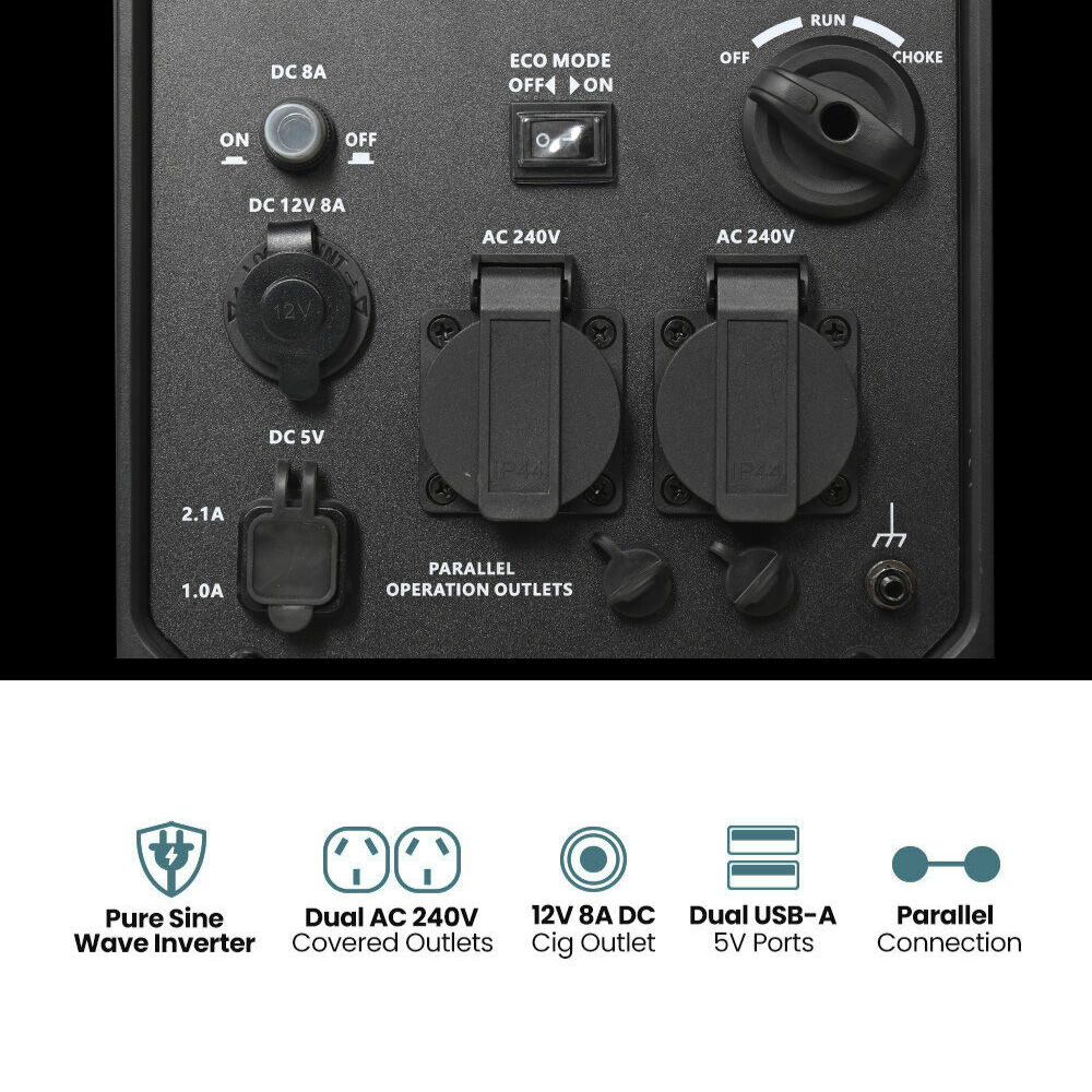 Control panel with various switches and outlets on a black background, featuring icons and text below.