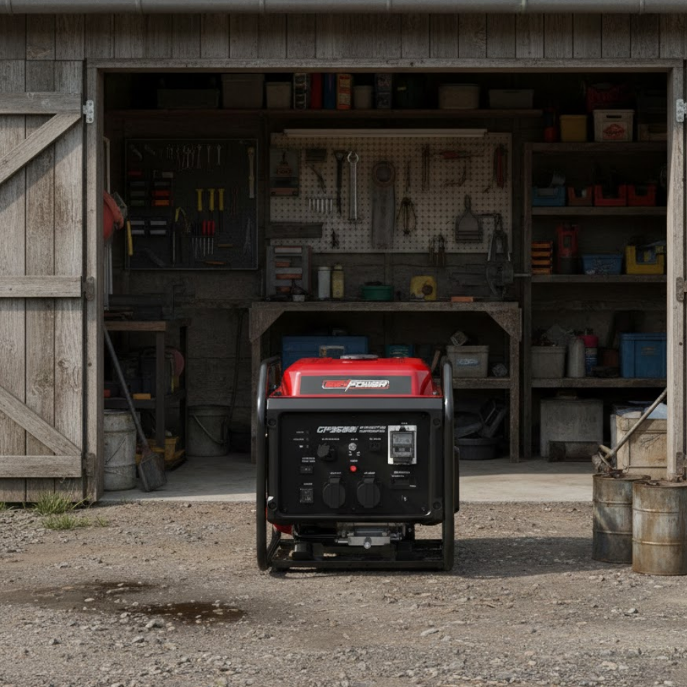Portable generator in front of a workshop with tools and equipment.