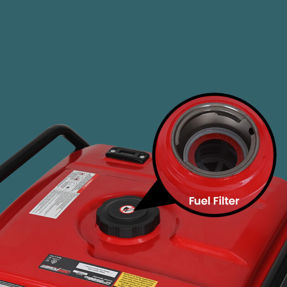 Red fuel tank with a highlighted fuel filter on a teal background