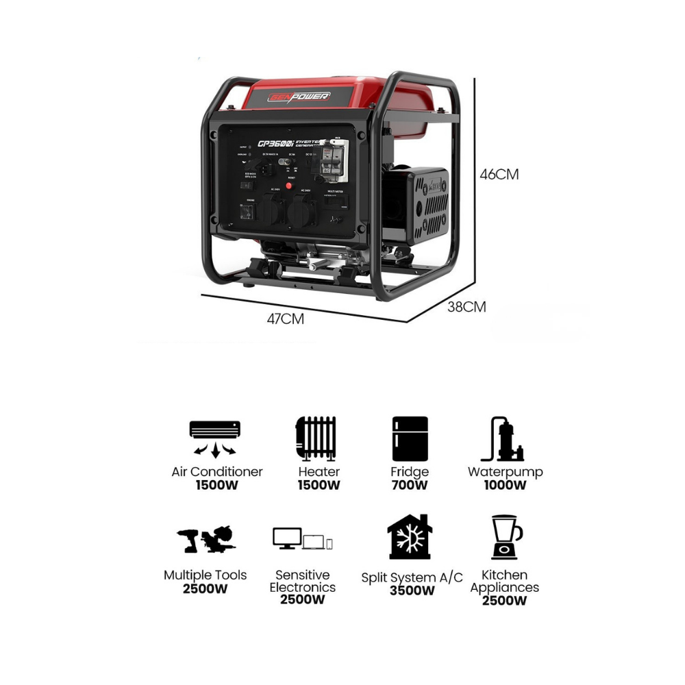 Portable generator with dimensions and power output icons on a white background