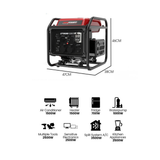 Portable generator with dimensions and power output icons on a white background
