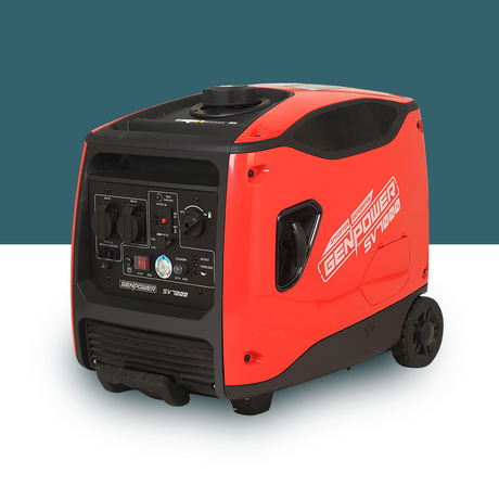 A red and black portable generator with wheels, designed for easy transportation, displayed against a teal and gray background.