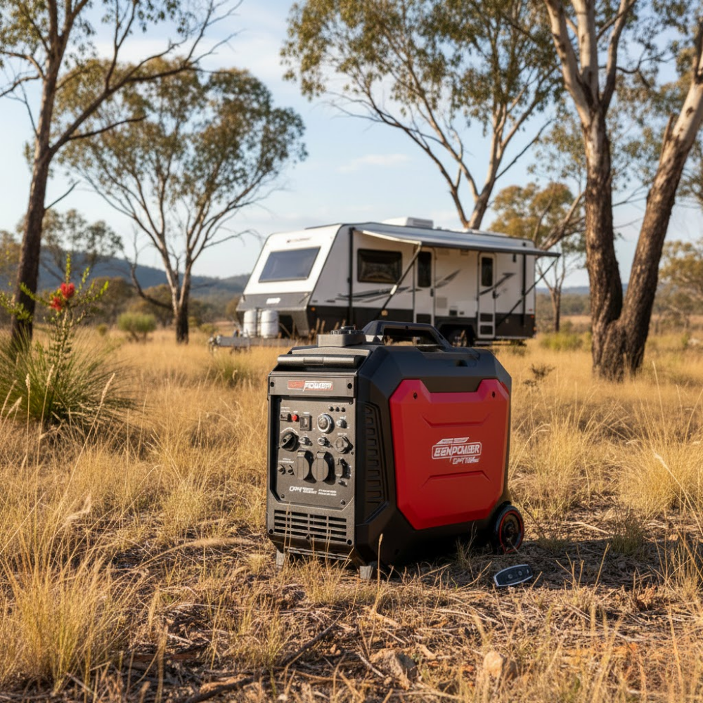 Red and black generator in a field with a camper on top