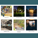 Collage of images showing different scenarios including worksites, outdoor events, power outages, mobile A/C units, emergency recovery, and mobile catering.