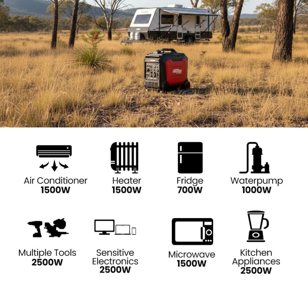 Portable power station in a field with icons and wattage information below.
