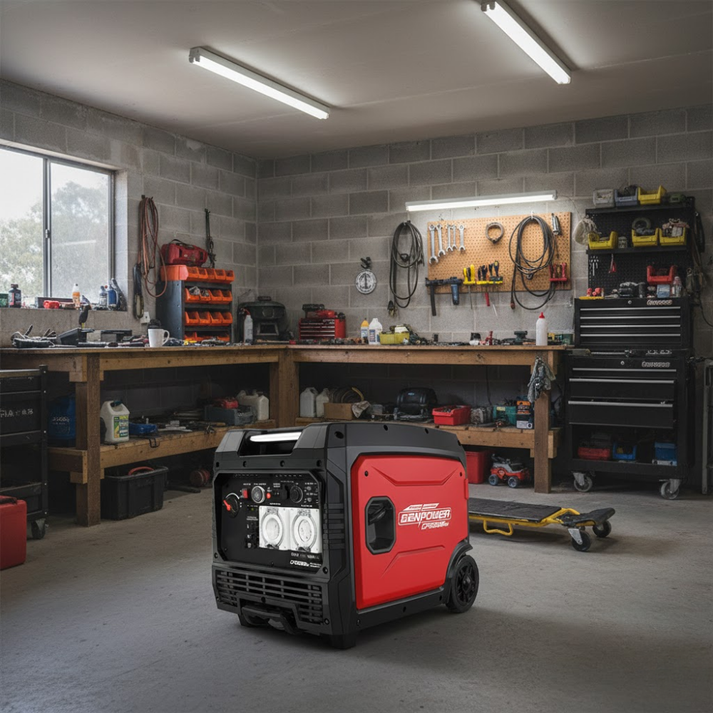 Red and black generator in a workshop with tools and equipment.