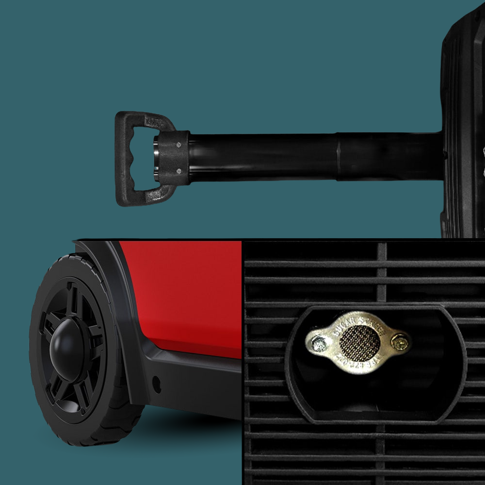 Close-up of a red and black pressure washer with visible branding on a teal background
