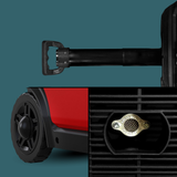Close-up of a red and black pressure washer with visible branding on a teal background