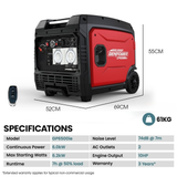 Red and black portable generator with dimensions and specifications on a white background
