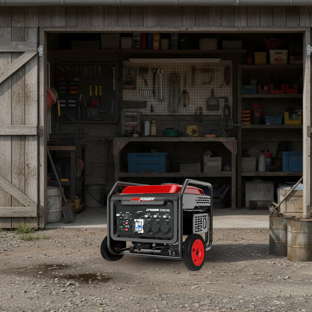 PowerGen portable generator in front of a workshop with tools and equipment.