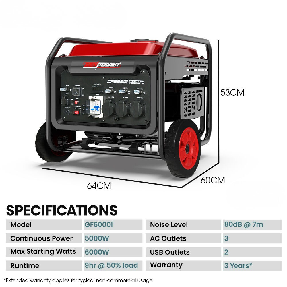 Portable generator with dimensions and specifications displayed
