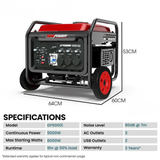 Portable generator with dimensions and specifications displayed