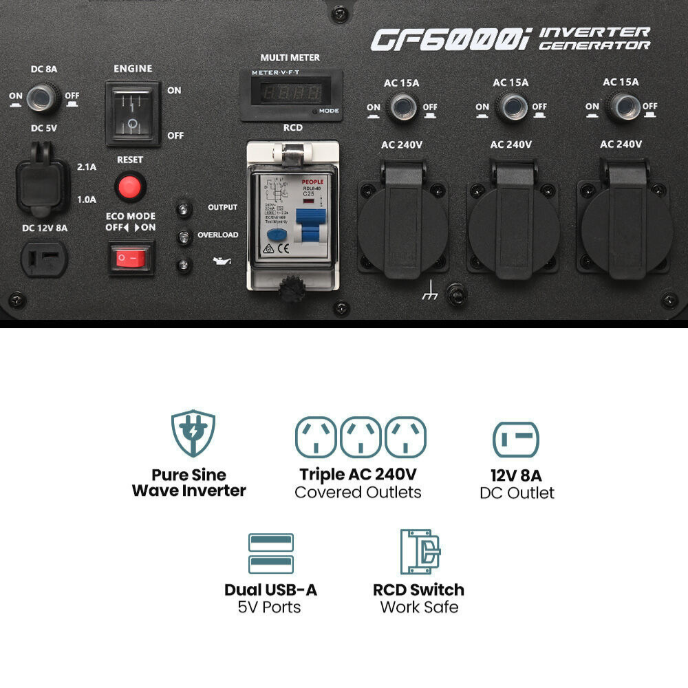 GF6000i inverter generator with control panel and features listed below.