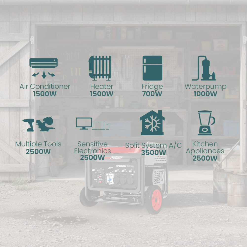 Power generator with wattage icons and text overlay on a blurred background
