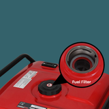 Red fuel tank with a highlighted fuel filter on a teal background