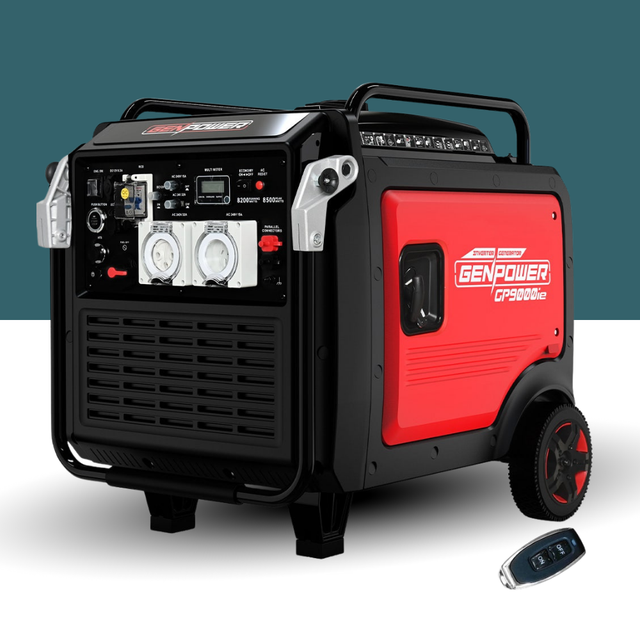 Portable generator with red and black design on a white background