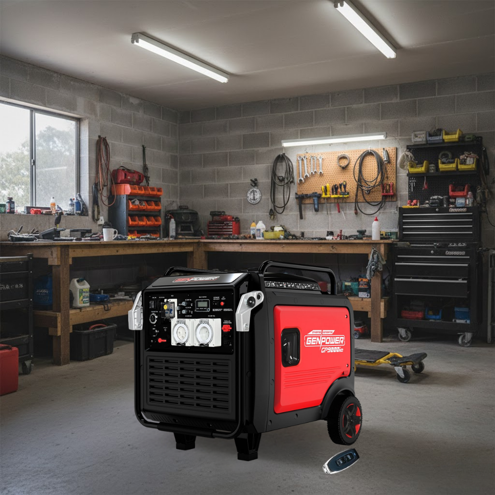 Portable welding machine in a workshop setting with tools and equipment in the background.