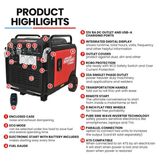 Product highlights of a power generator with features listed on a white background