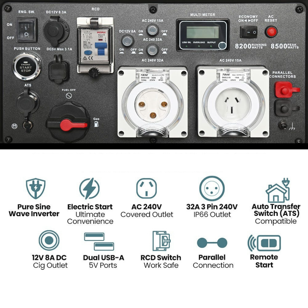 Control panel with various switches, outlets, and connectors on a white background