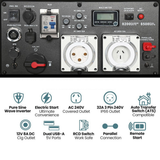 Control panel with various switches, outlets, and connectors on a white background