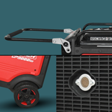 Red and black portable generator with visible branding on a teal background