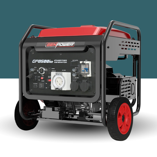 Portable generator with red and black design on a white background